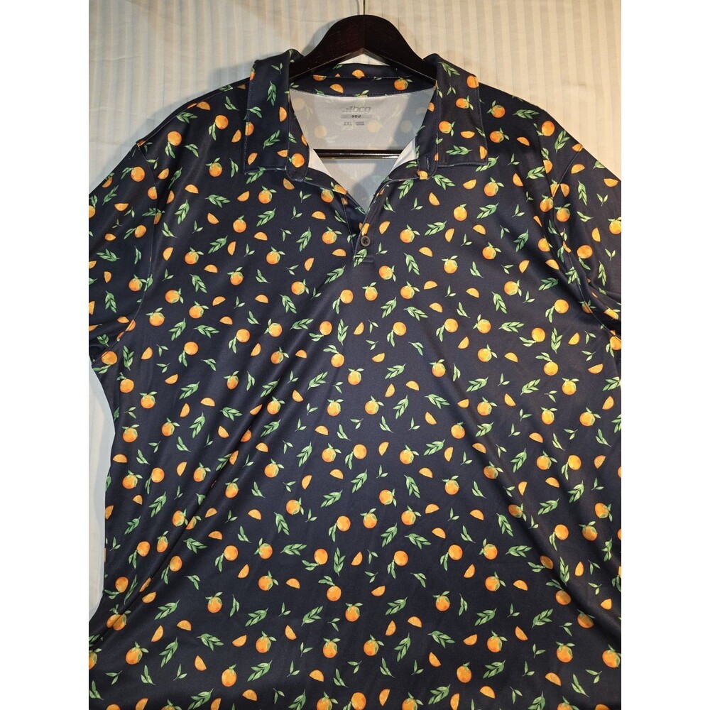 BCG Golf Polo Shirt Men's 2XL Black Orange Fruit Print Short Sleeve Polyester